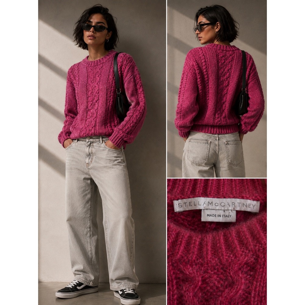 Stella McCartney Magenta Pink Cable Knit Distressed Sweater Made in Italy Size S